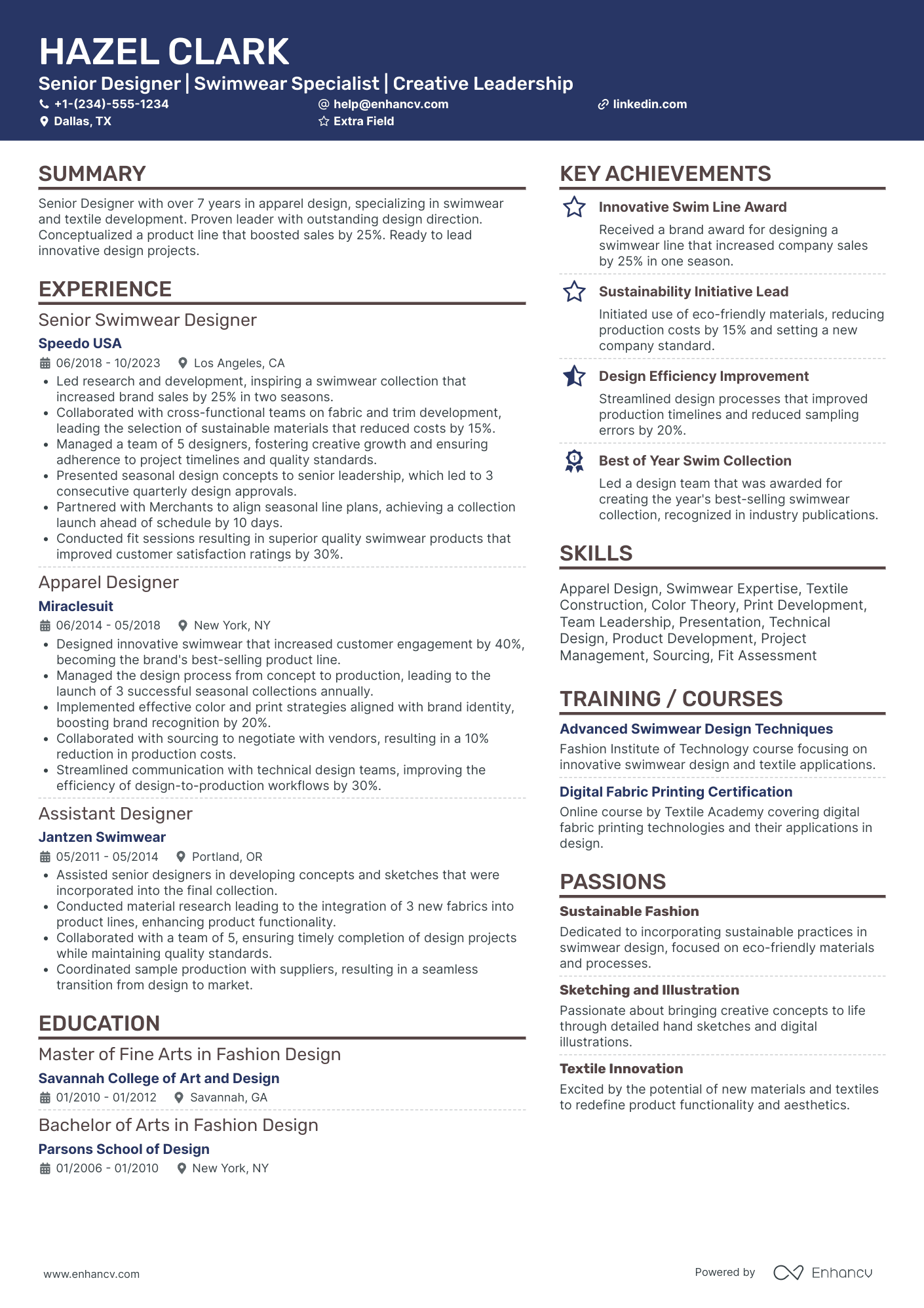 Senior Fashion Designer Resume Example