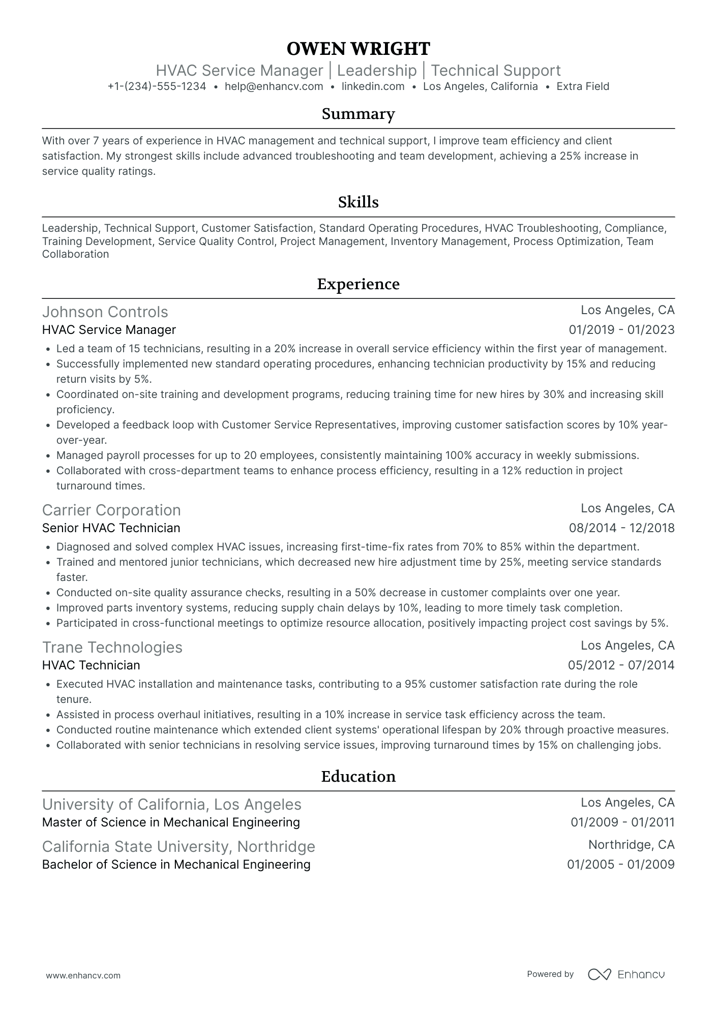 HVAC Service Manager Resume Example