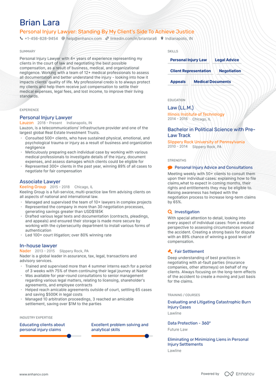 Personal Injury Lawyer Resume Example