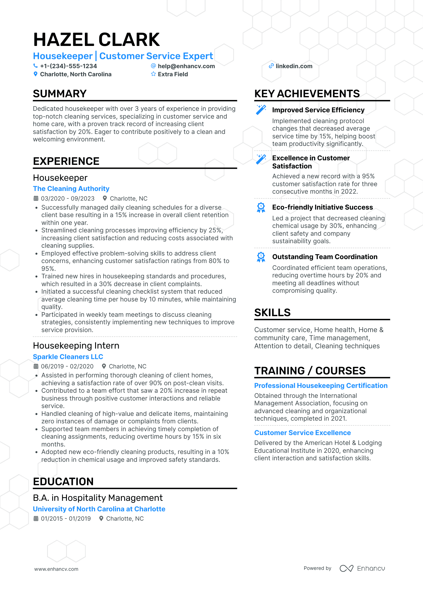 Junior Housekeeper Resume Example