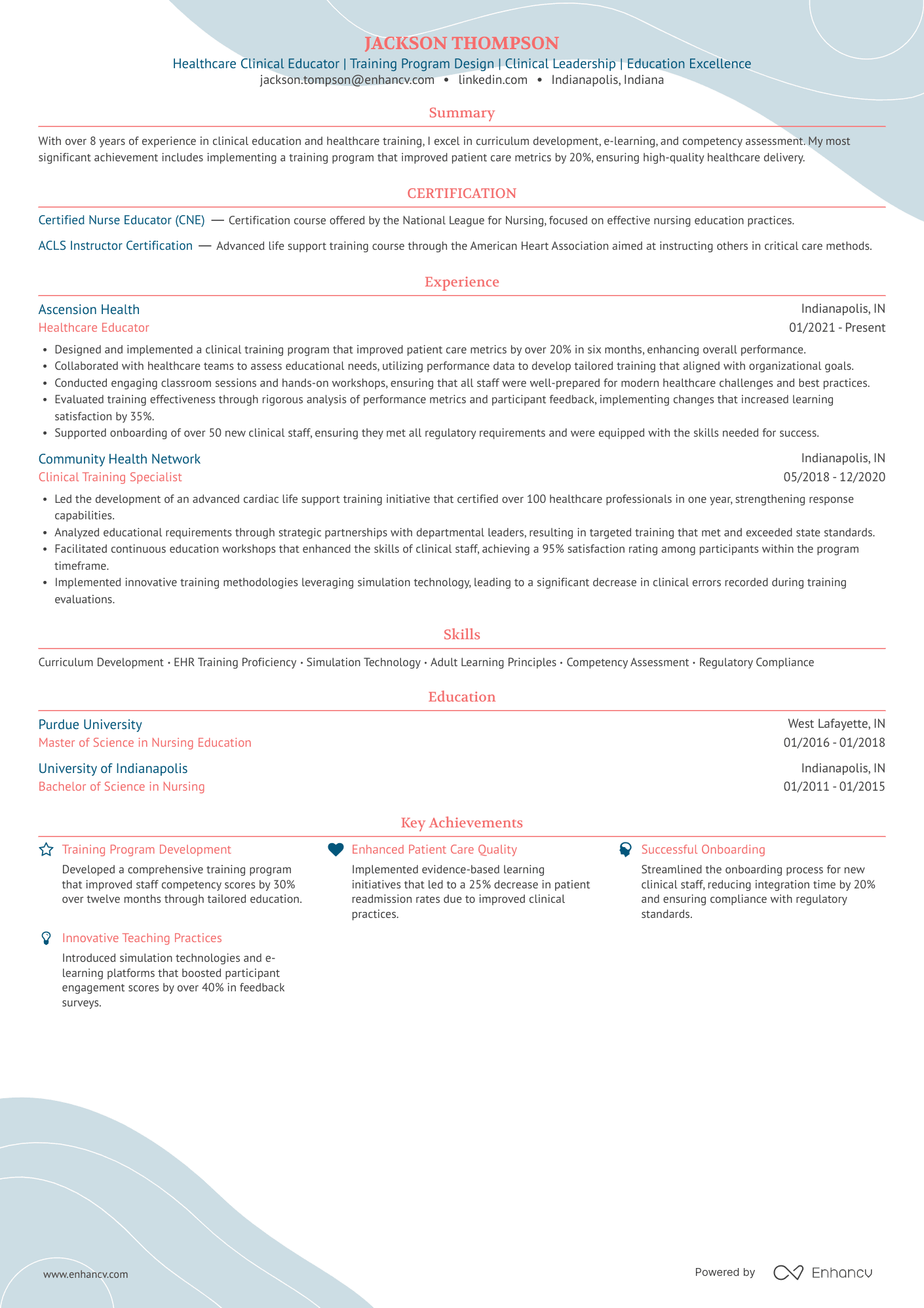 Healthcare Clinical Educator Resume Example