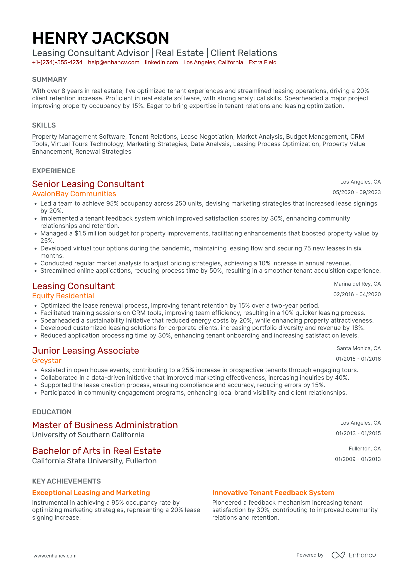 Leasing Consultant Advisor Resume Example