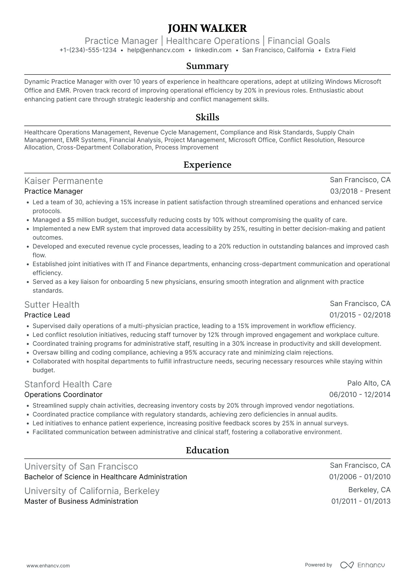 Healthcare Practice Manager Resume Example