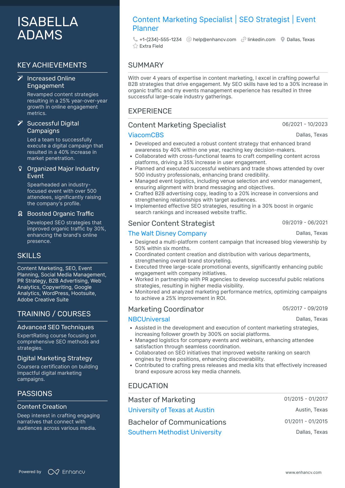 Content Marketing Specialist Resume Example