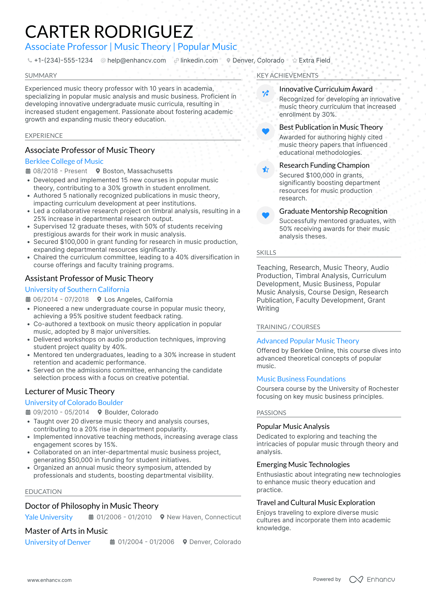 Professor of Music Theory Resume Example