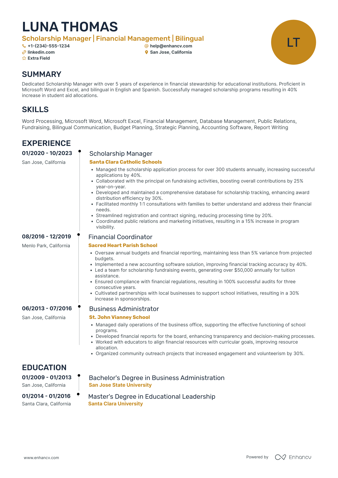 Scholarship Fund Manager Resume Example