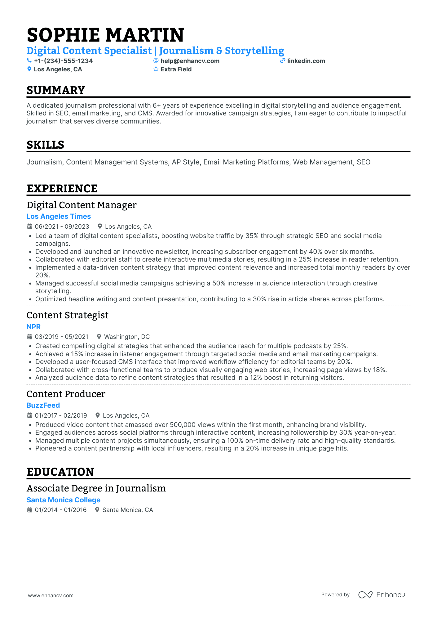 Mid Level Journalist Resume Example