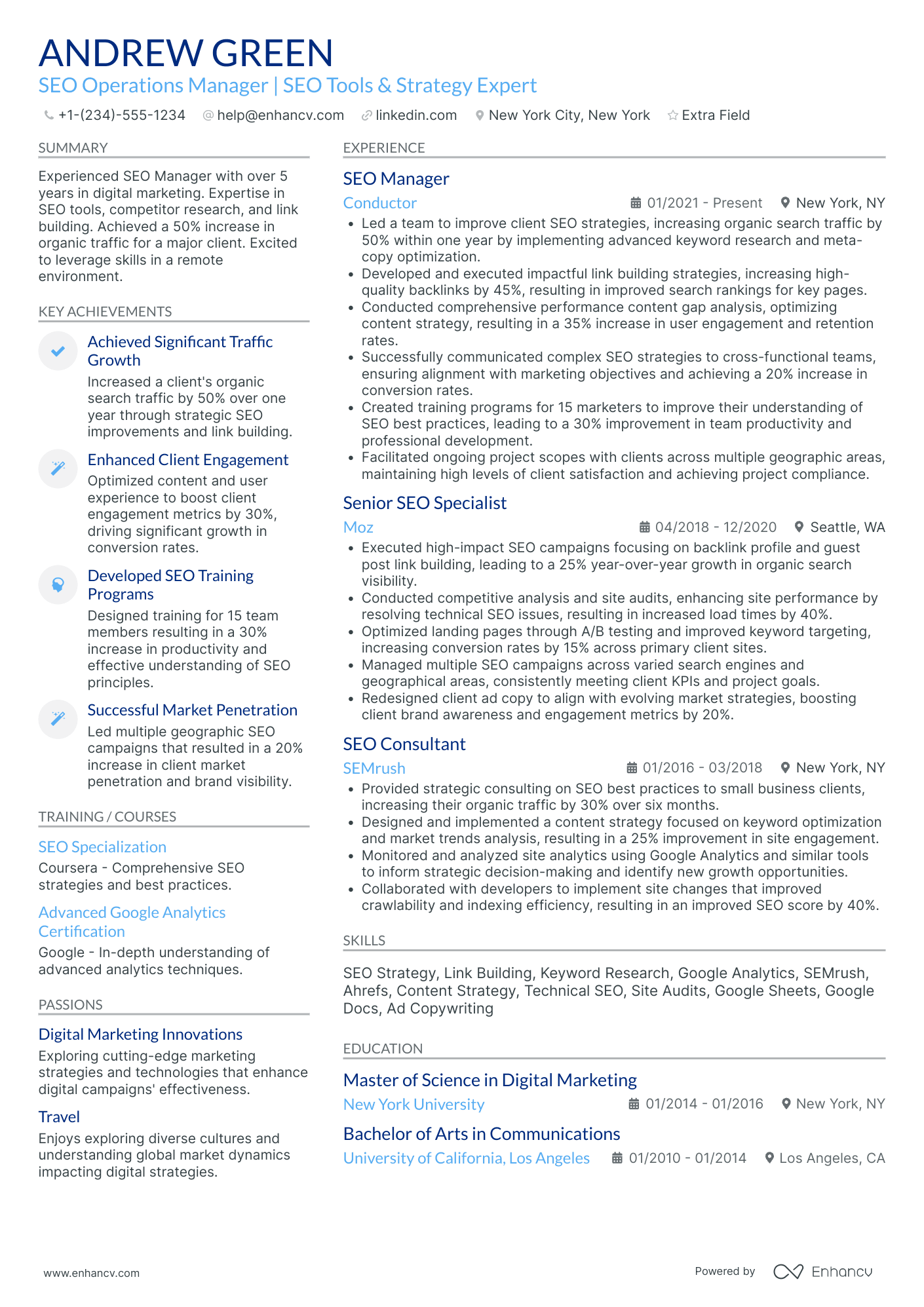 SEO Operations Manager Resume Example