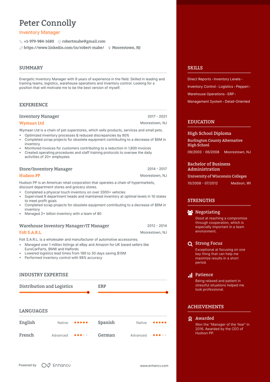 Inventory Manager Resume Example