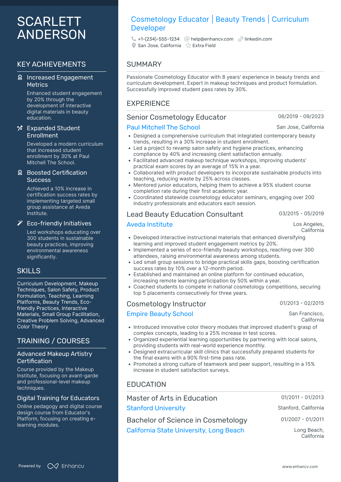 Cosmetology Educator Resume Example