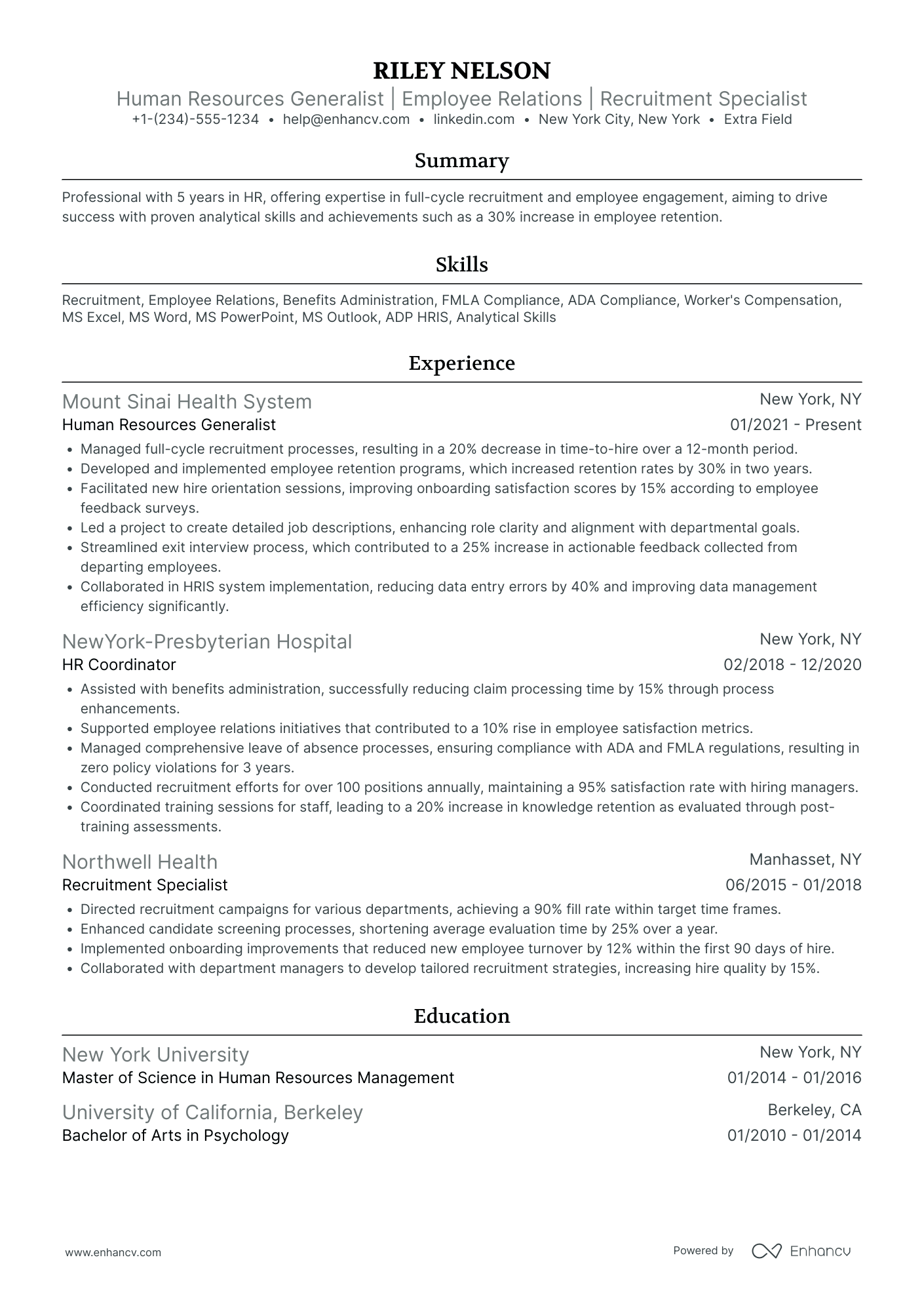 HR Generalist Representative Resume Example