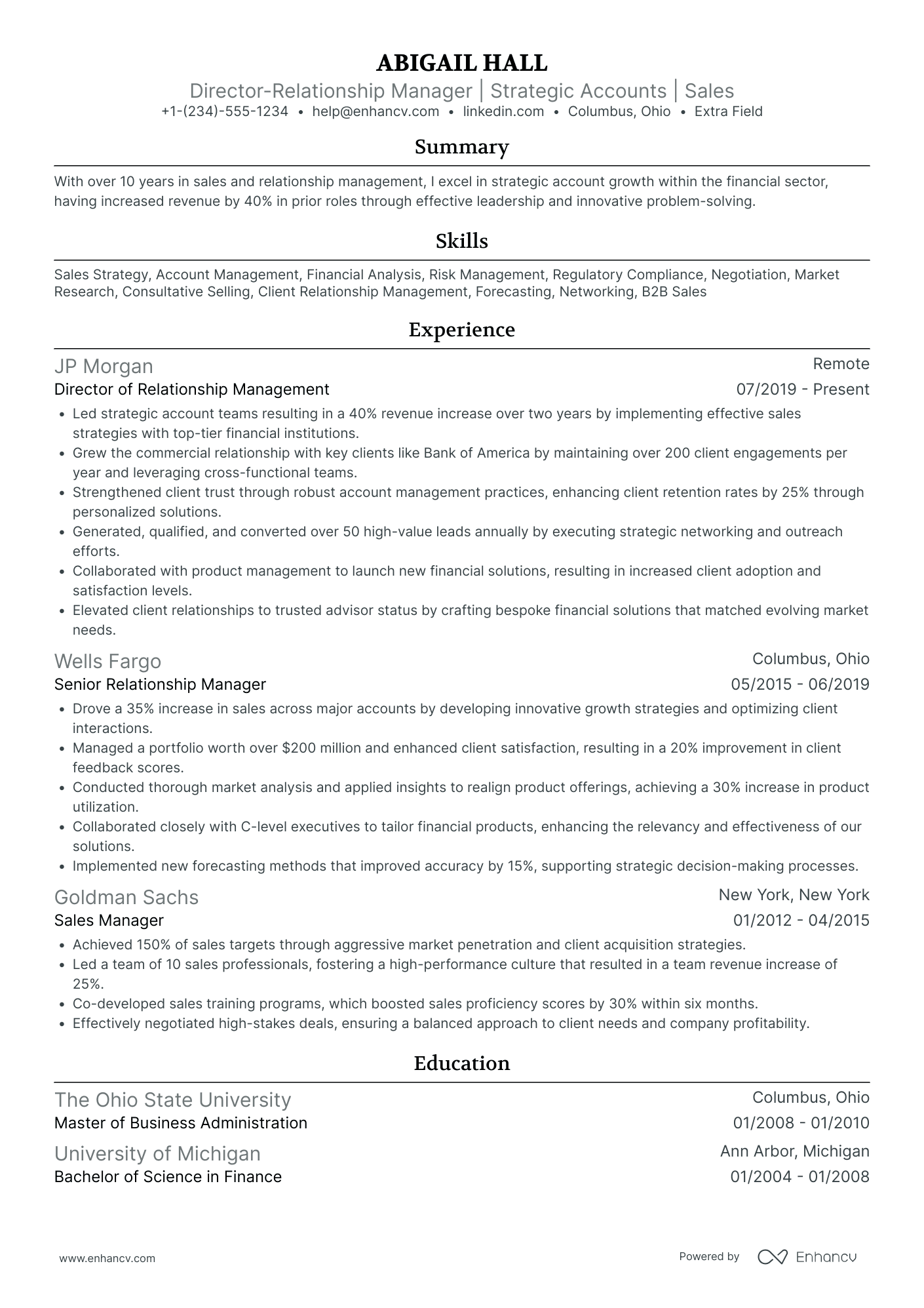 Bank Relationship Manager Resume Example