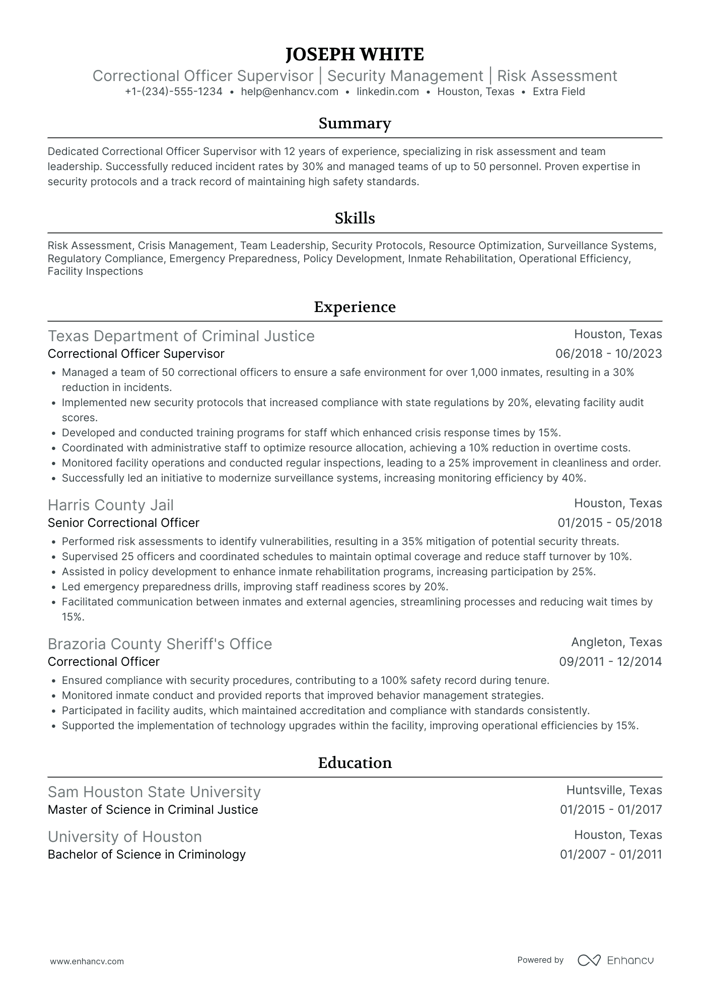 Correctional Officer Supervisor Resume Example