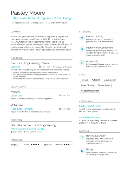 Entry Level Electrical Engineer Resume Example