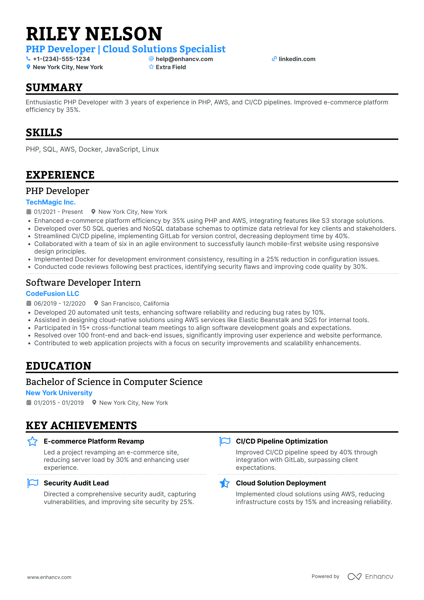 Junior PhP Developer Resume Example