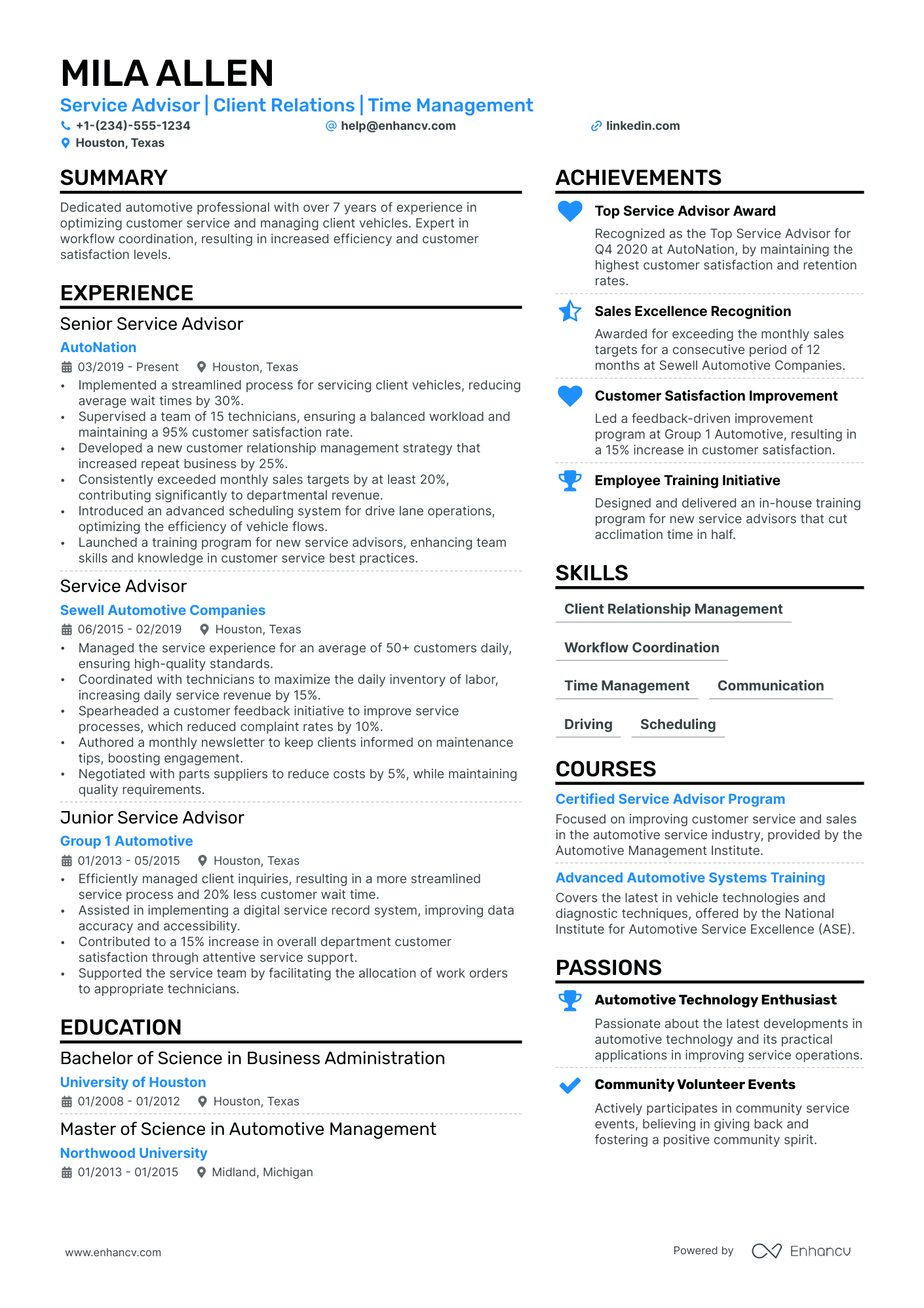 Service Advisor Resume Example