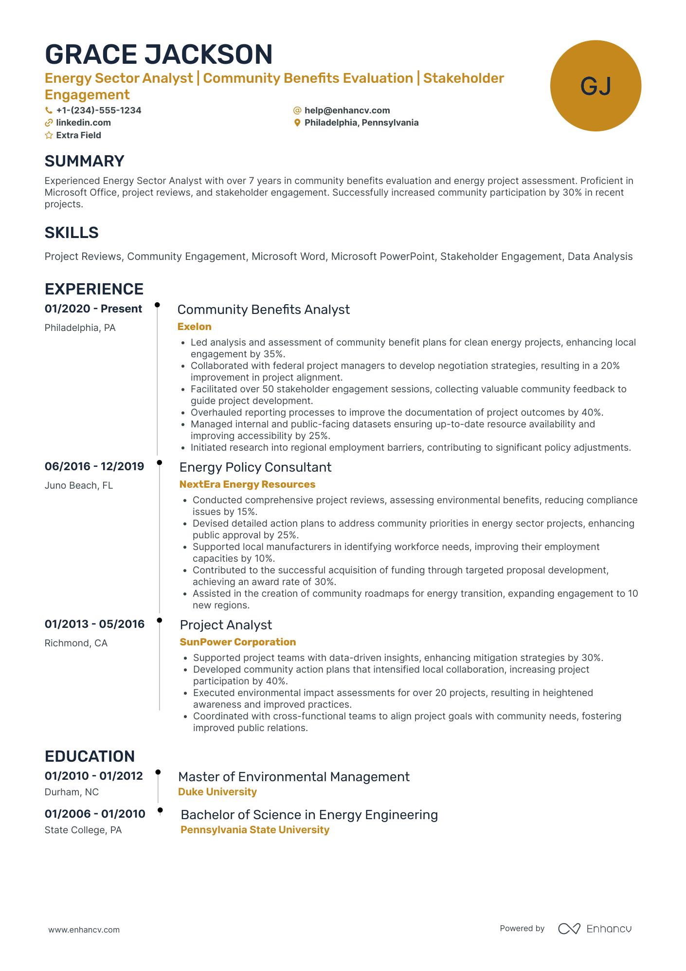 Energy Sector Project Analyst Resume Example