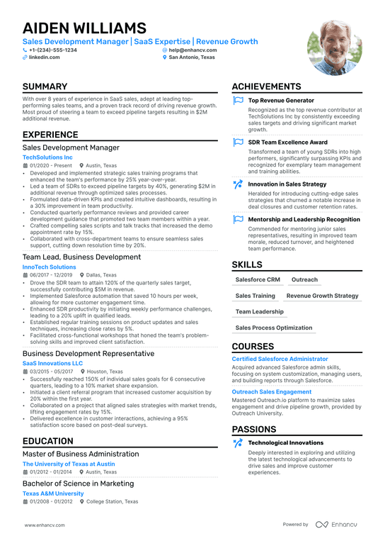 Sales Development Manager Resume Example