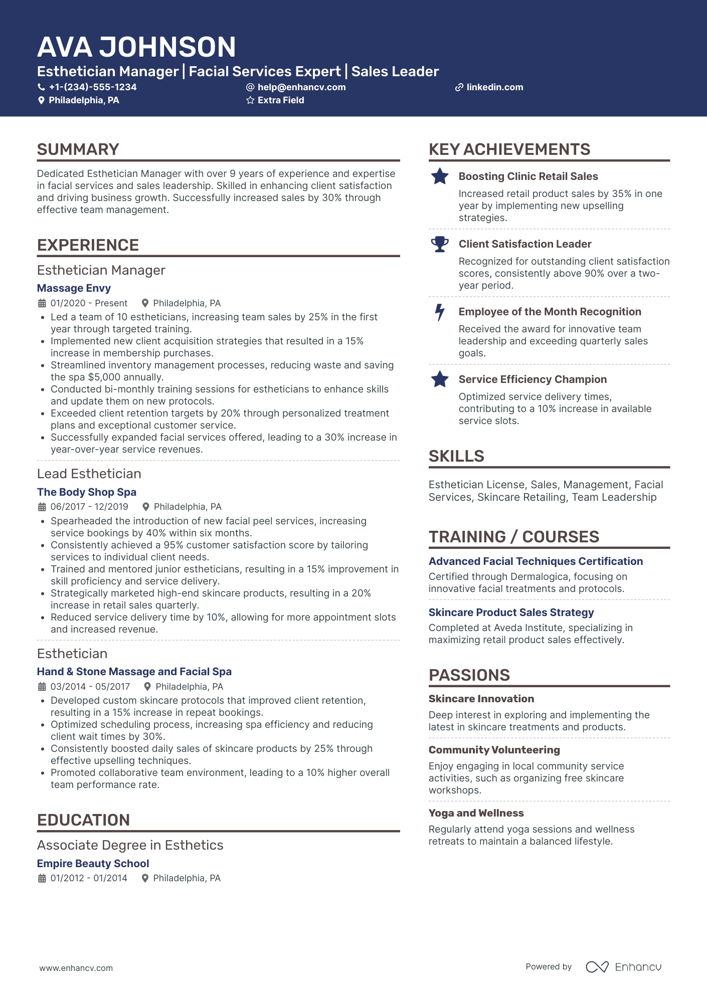 Esthetician Manager Resume Example