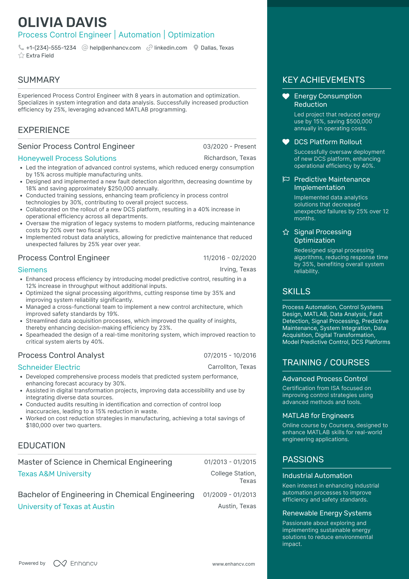 Process Control Engineer Resume Example