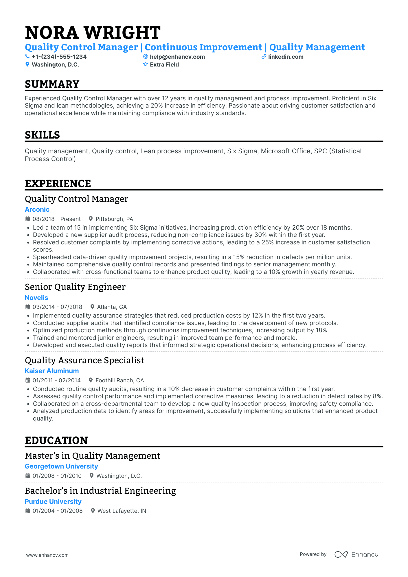 Senior Quality Control Manager Resume Example