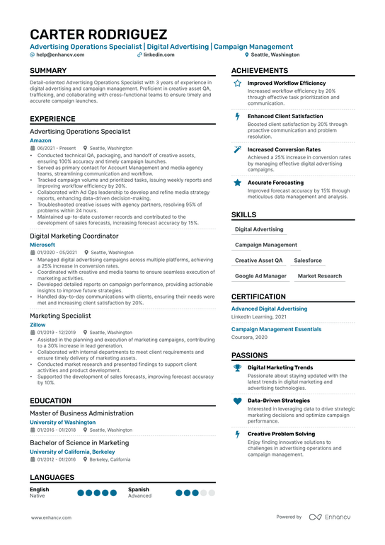 Advertising Operations Specialist Resume Example