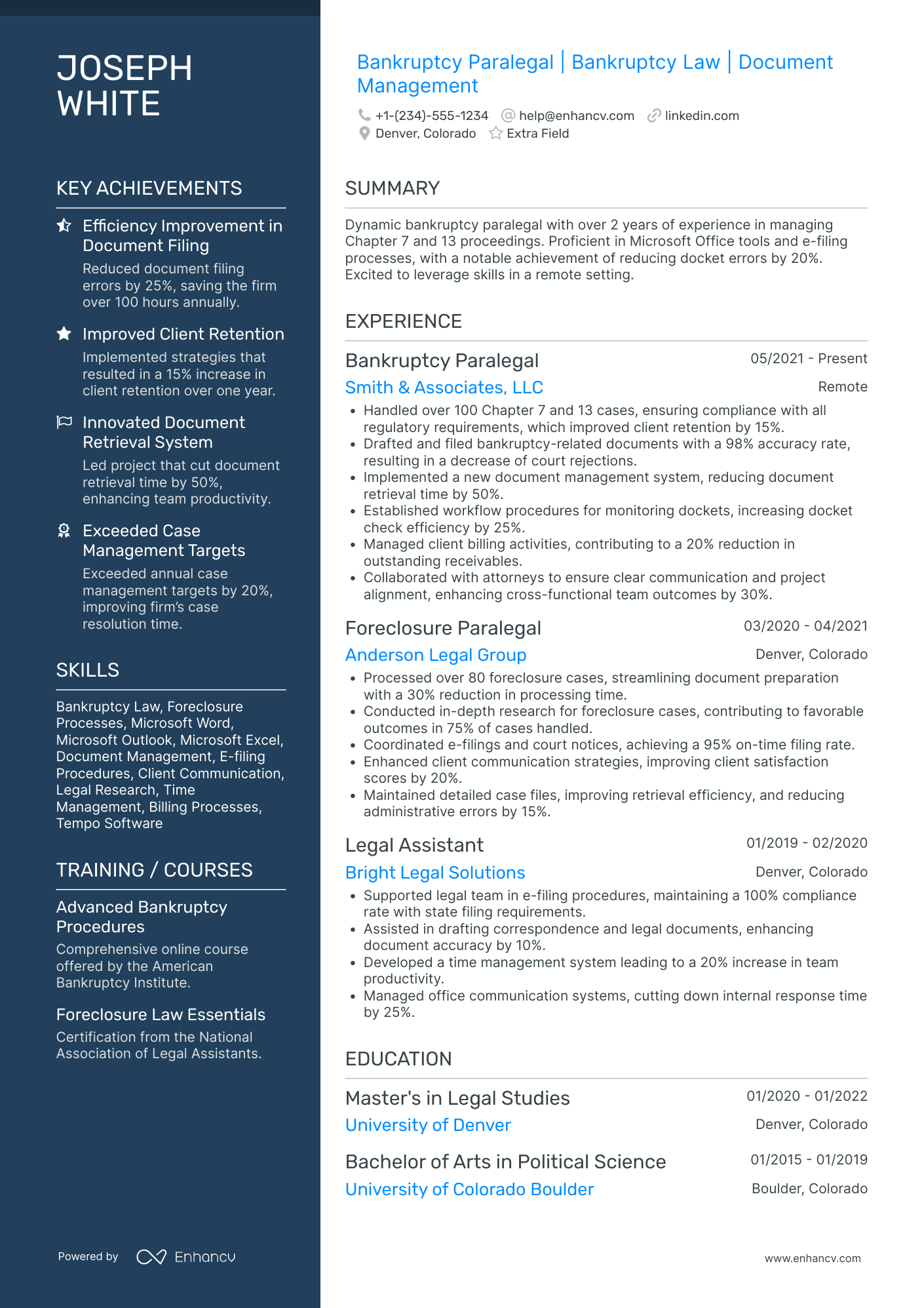 Experienced Bankruptcy Paralegal Resume Example