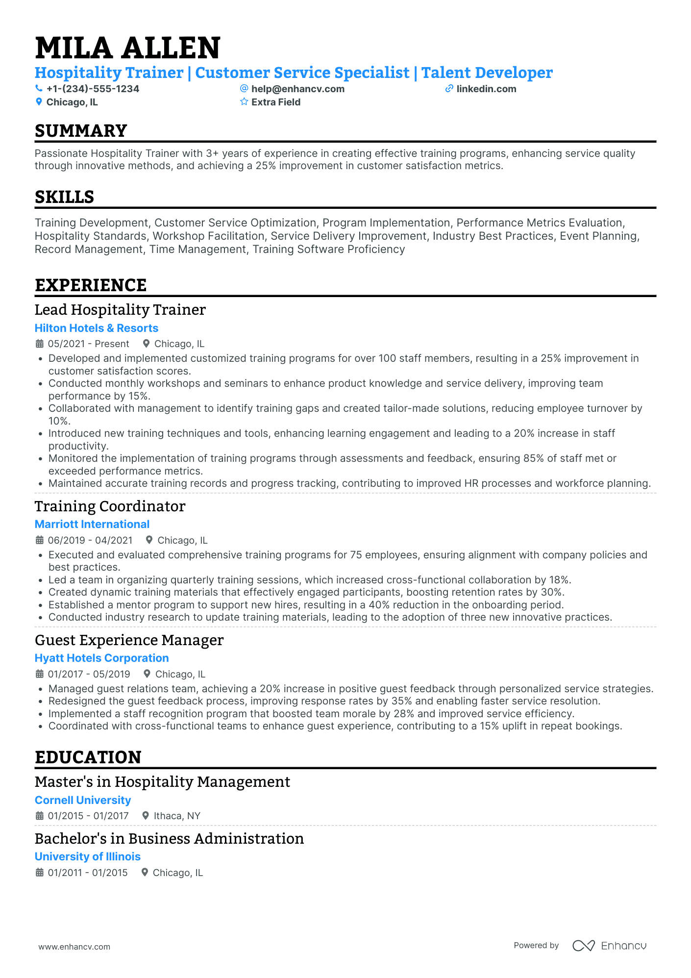 Hospitality Trainer Resume Example