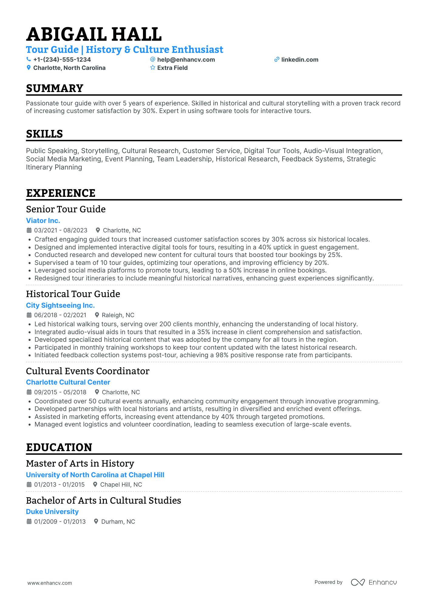 Tour Guide Intern Resume Example