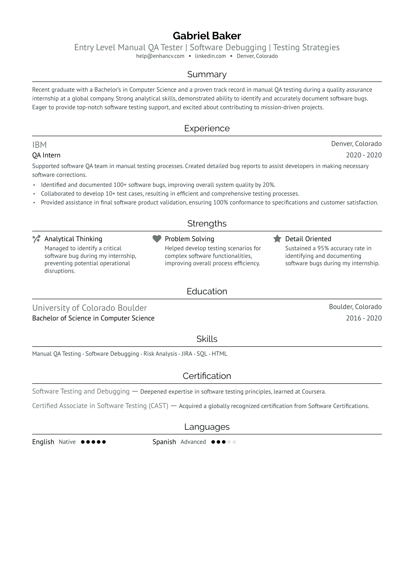 Entry Level Manual QA Tester Resume Example
