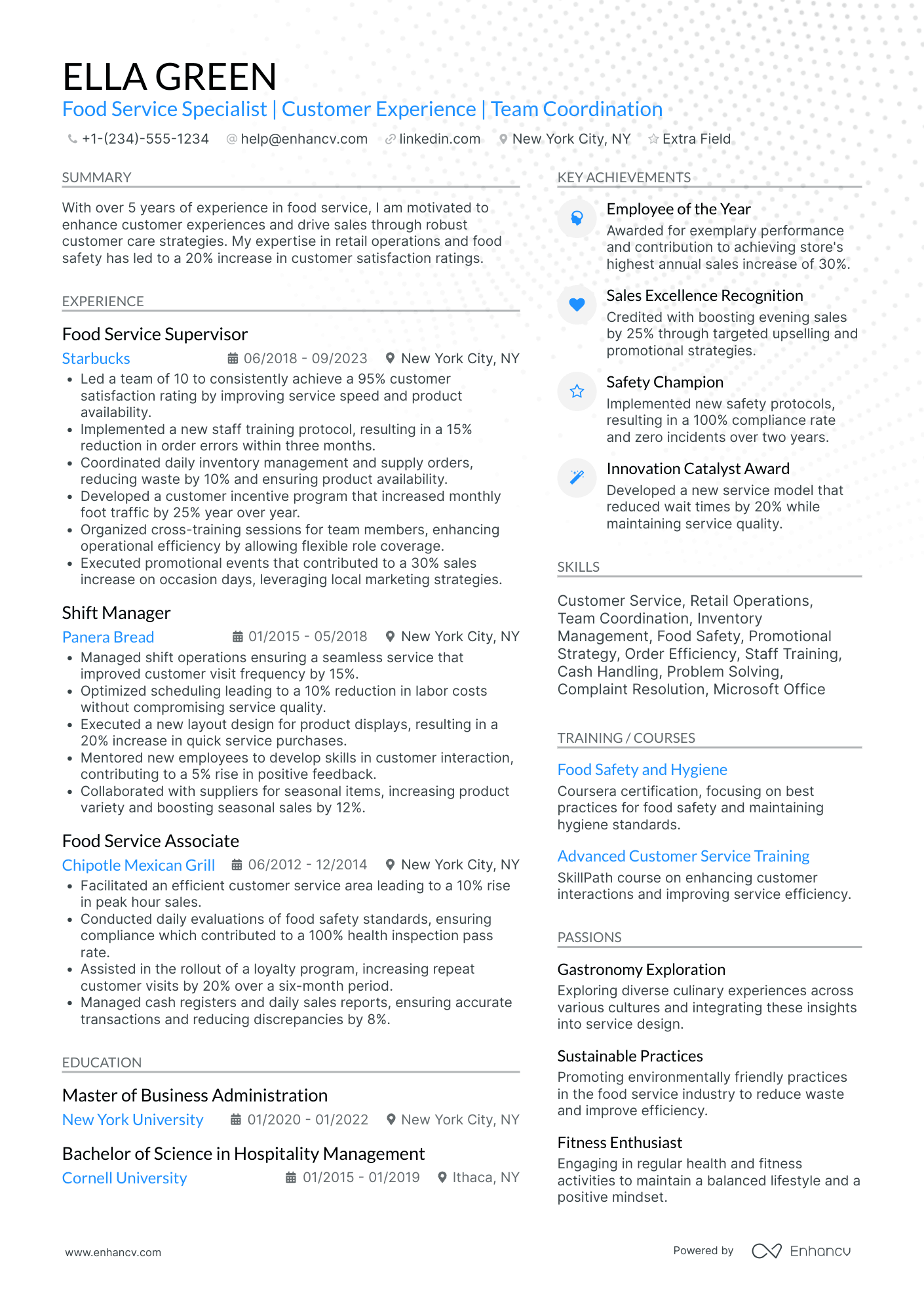 Senior Food Service Specialist Resume Example