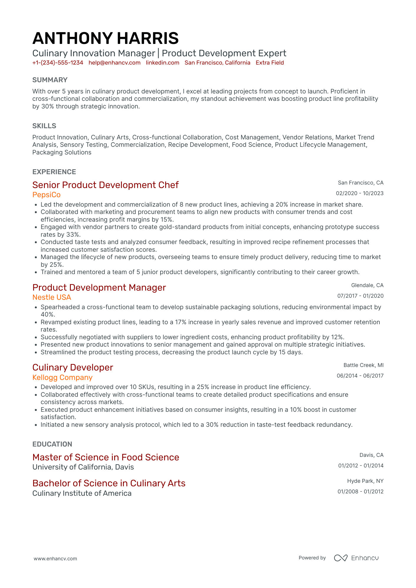 Culinary Development Manager Resume Example