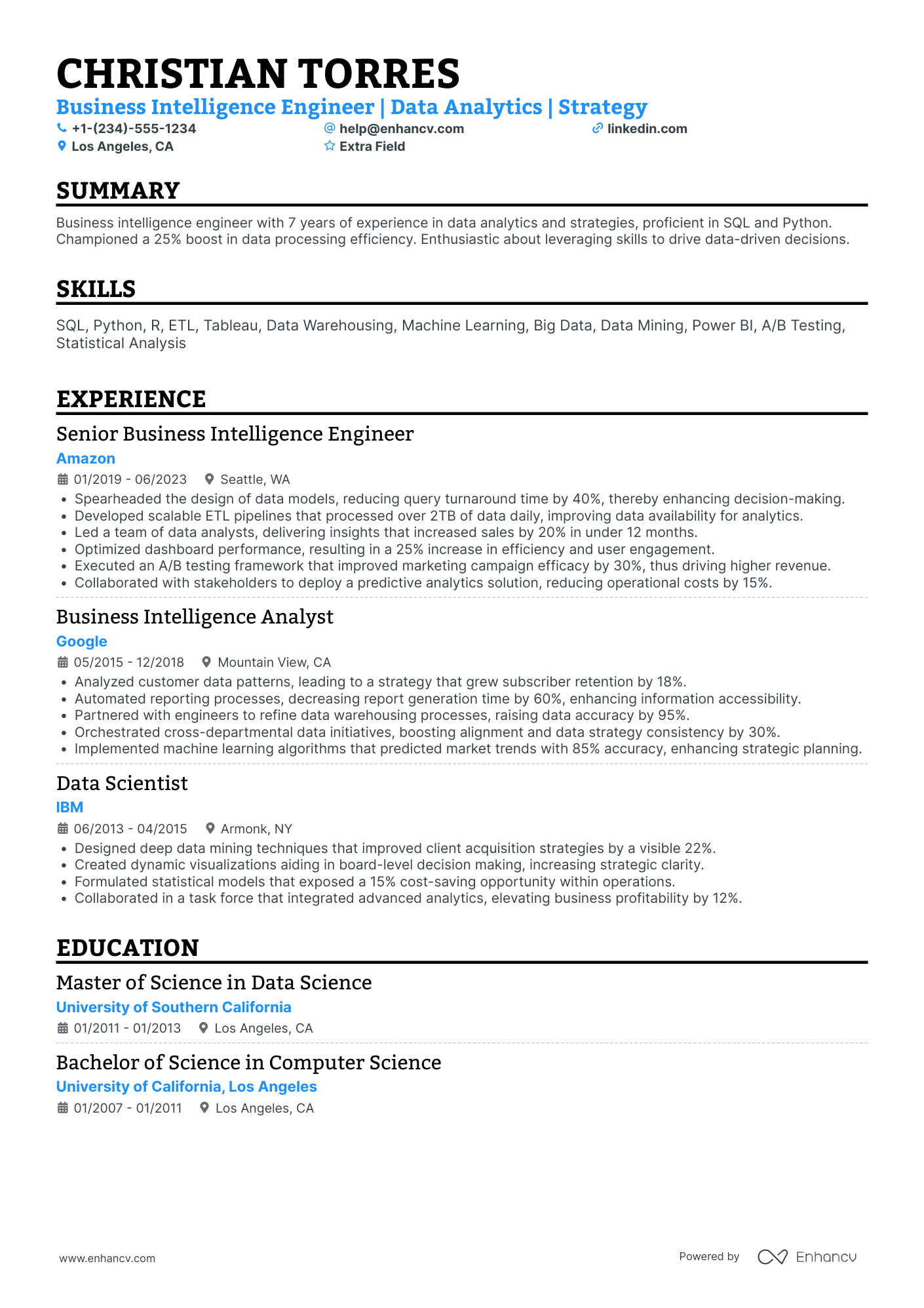 Business Intelligence Engineer Resume Example