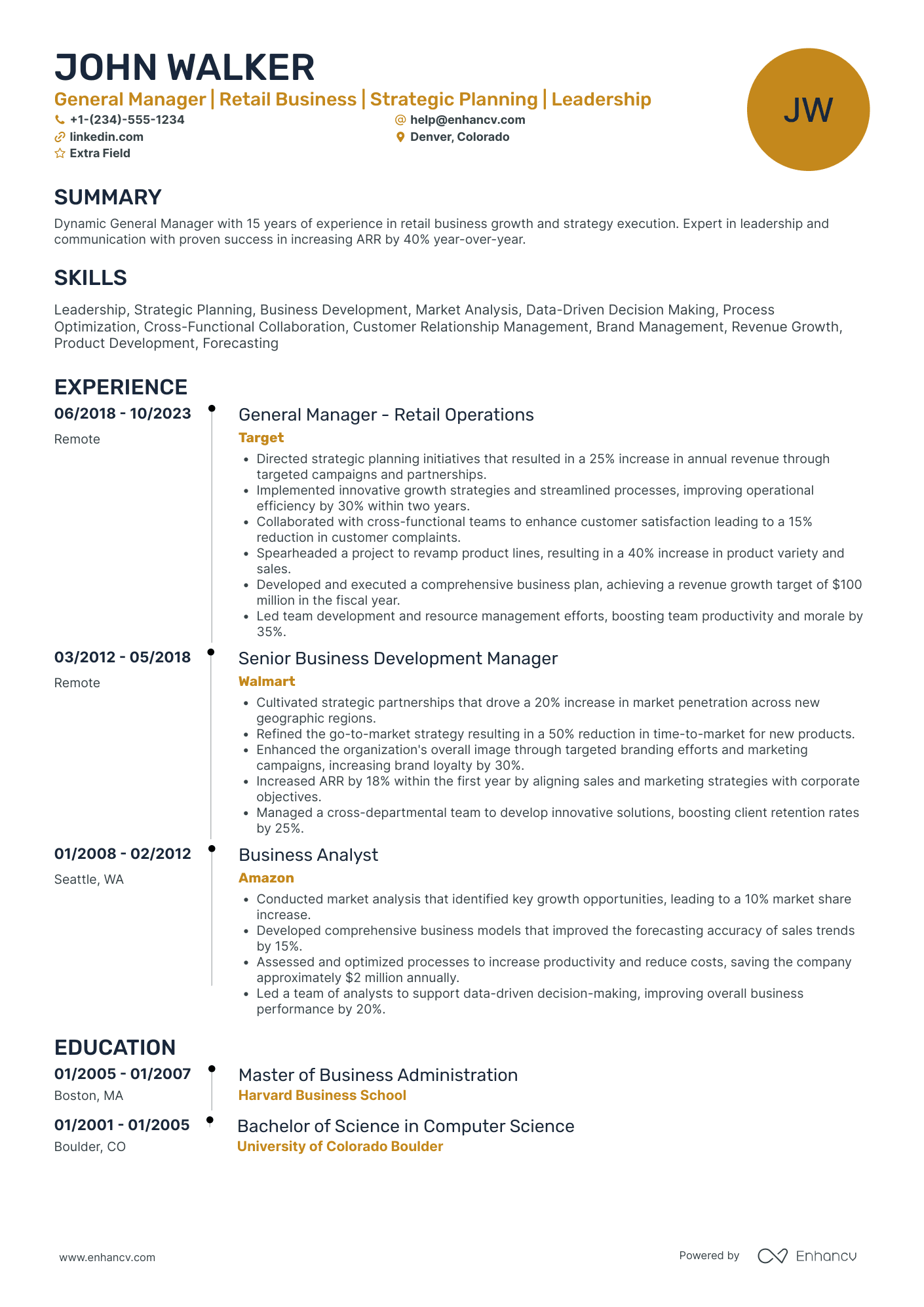 General Manager of Retail Resume Example