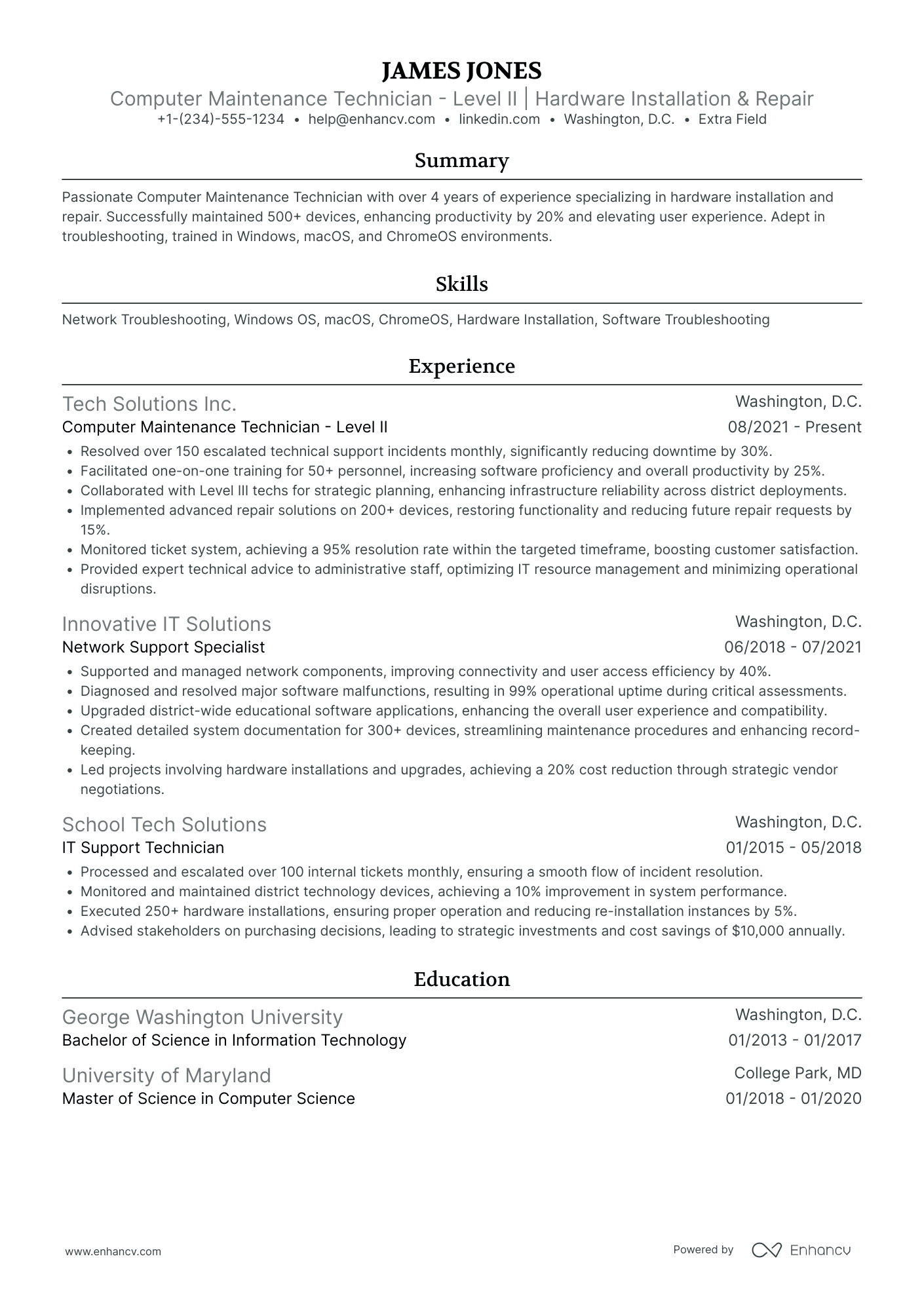 Computer Maintenance Technician Resume Example