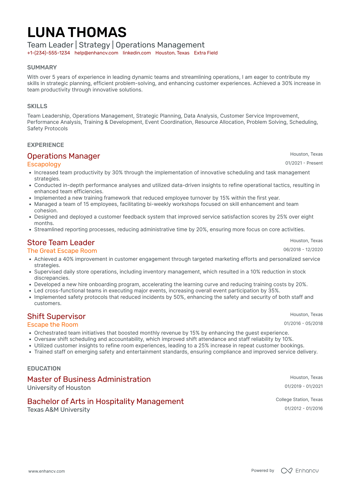 Escape Room Staff Trainer Resume Example