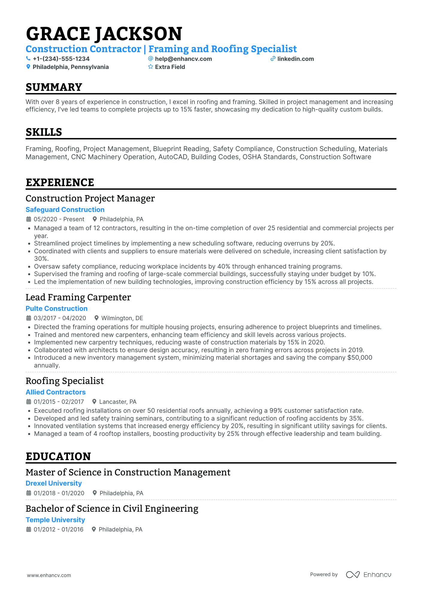 Roofing Contractor Resume Example