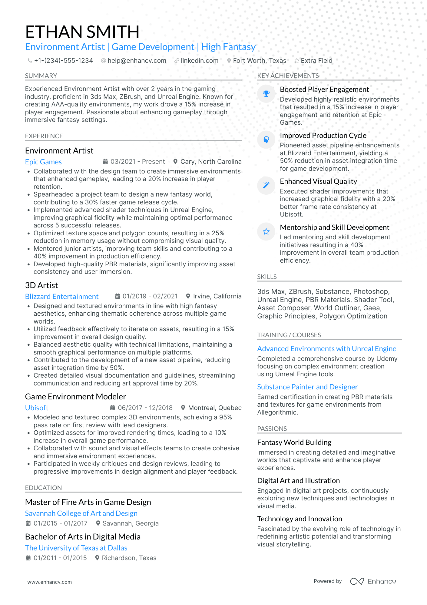 3D Lighting Artist Resume Example