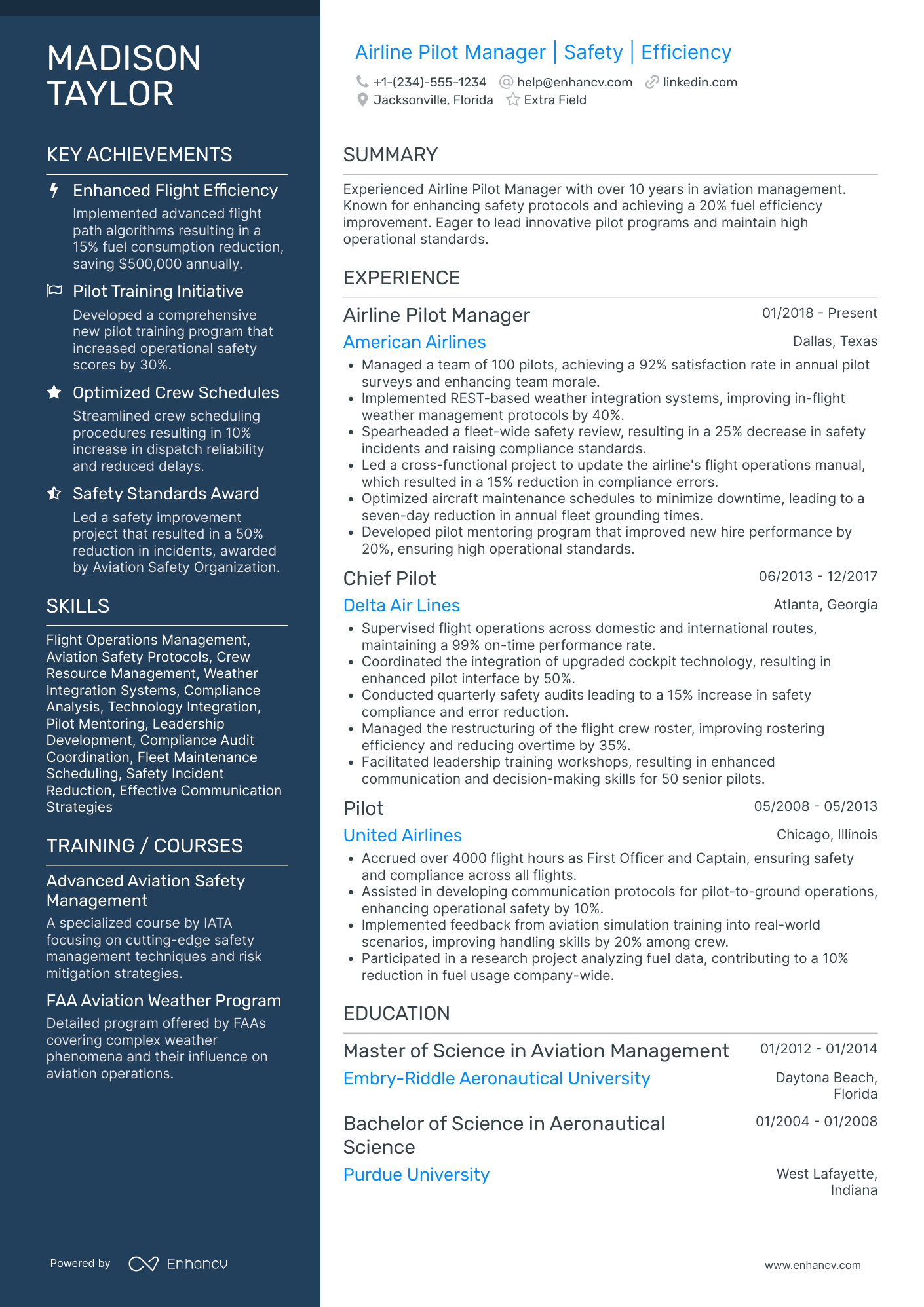 Airline Pilot Manager Resume Example