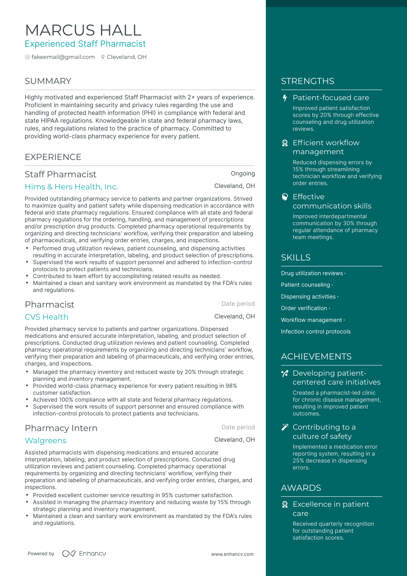 Staff Pharmacist Resume Example