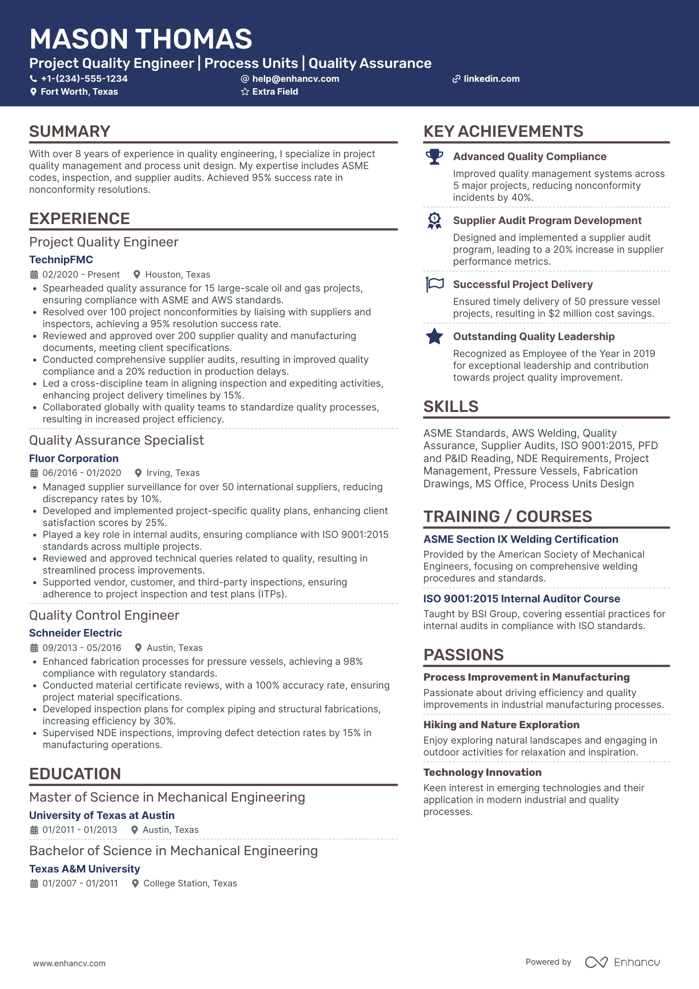 Project Quality Engineer Resume Example