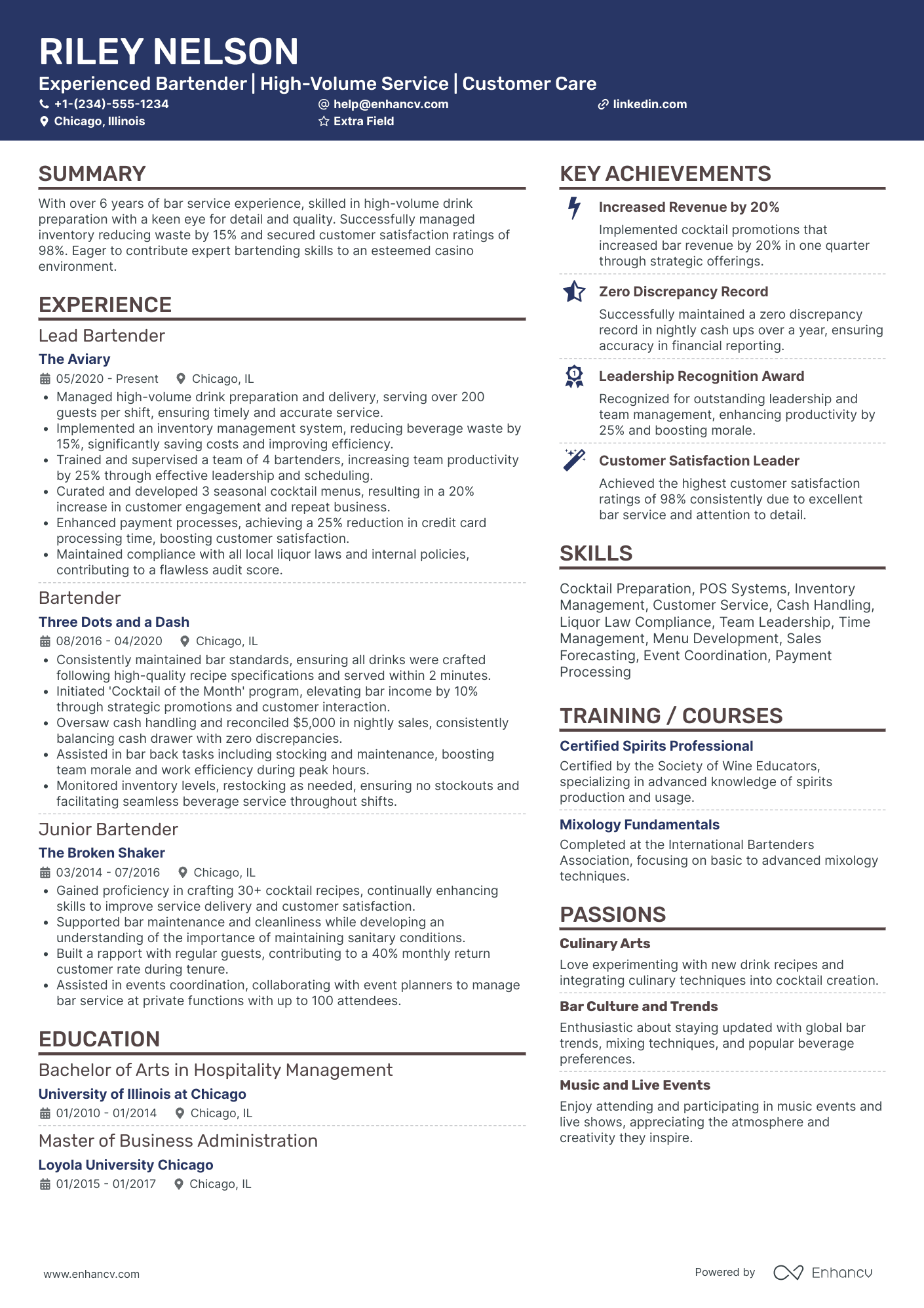 Casino Bartender Resume Example