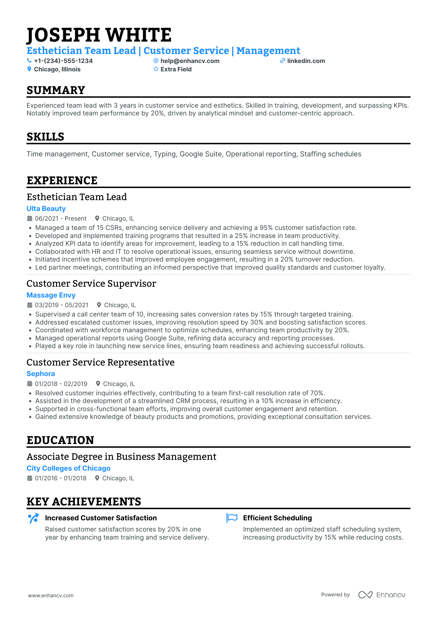 Esthetician Team Leader Resume Example