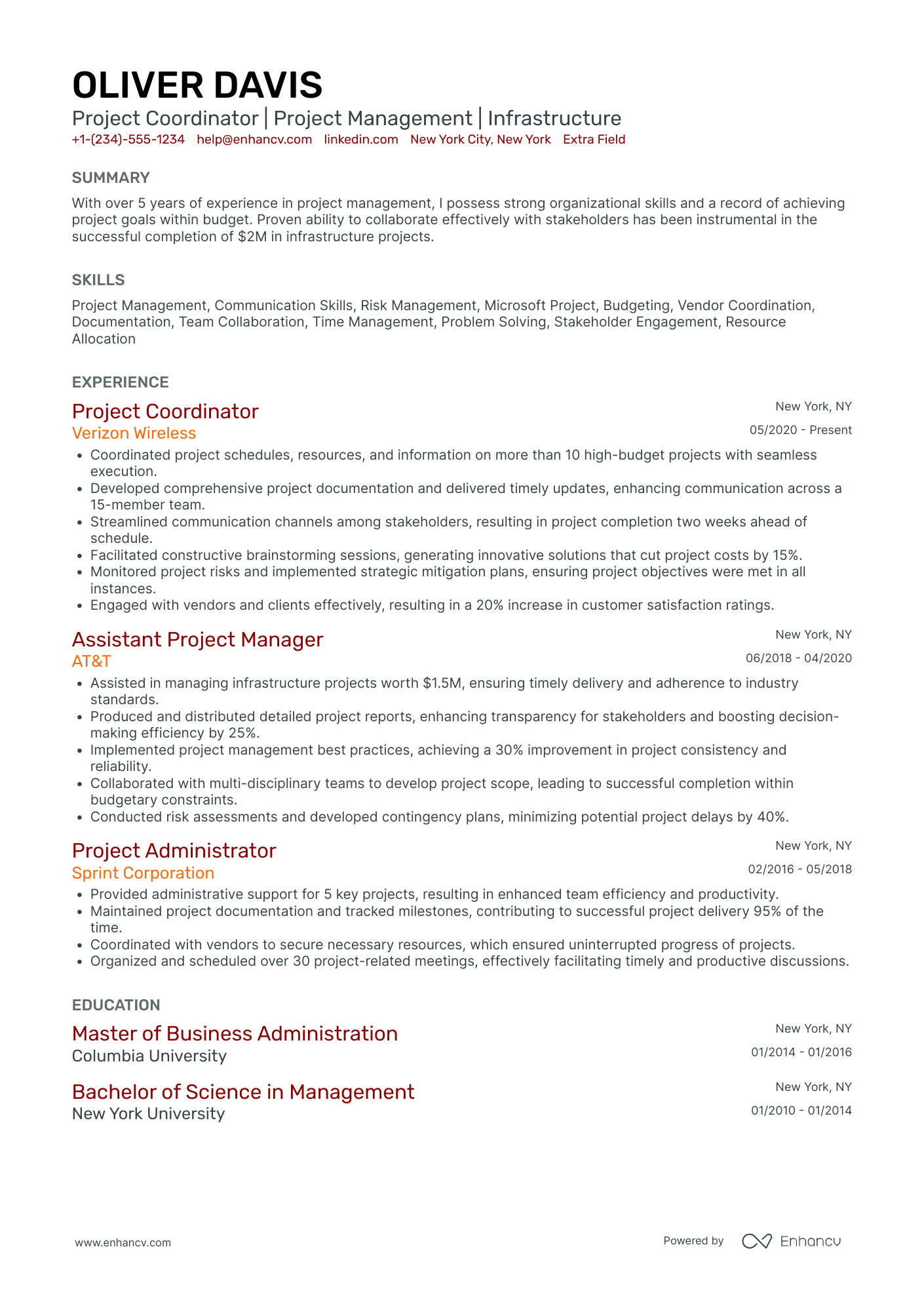 Entry Level IT Project Coordinator Resume Example