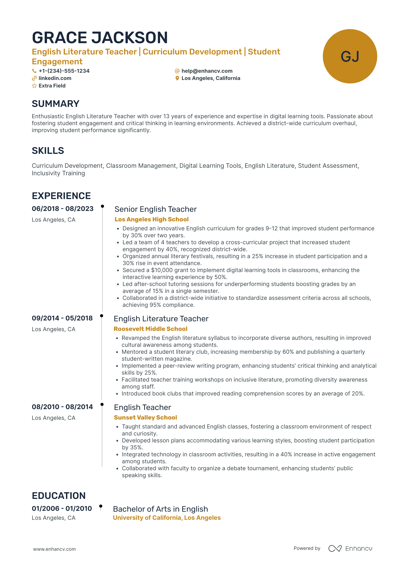 English Literature Teacher Resume Example