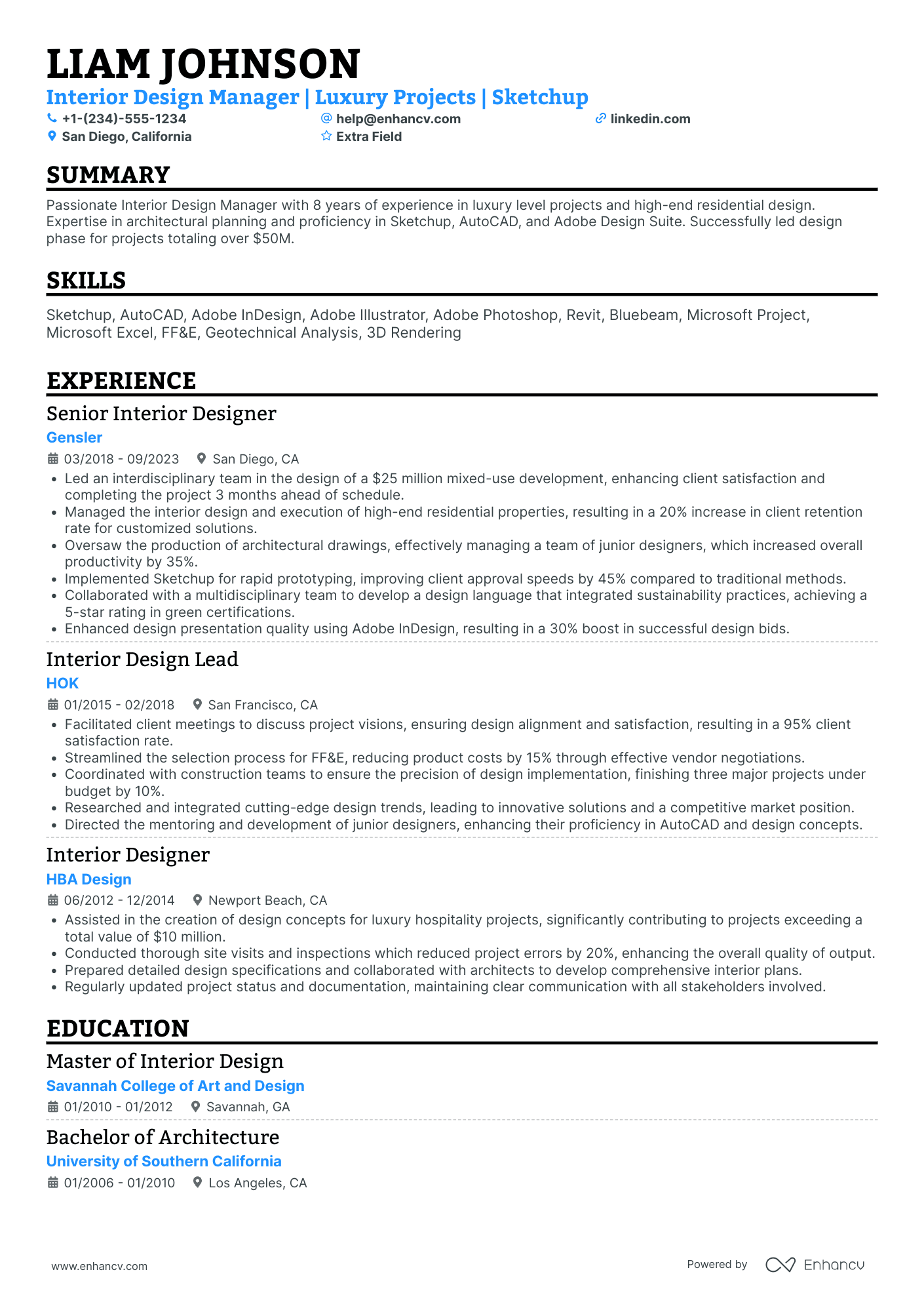 Interior Design Manager Resume Example