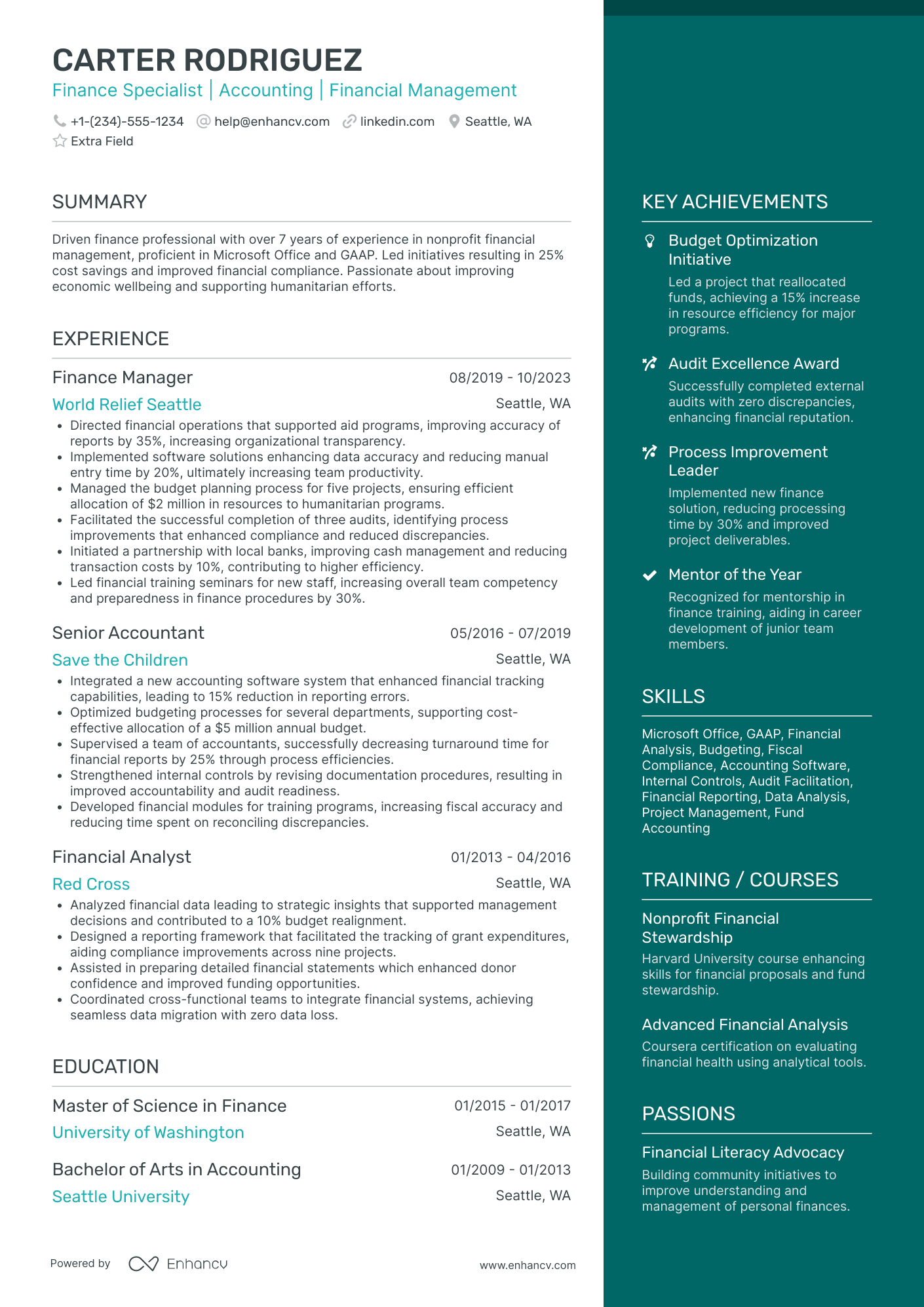 Nonprofit Finance Specialist Resume Example