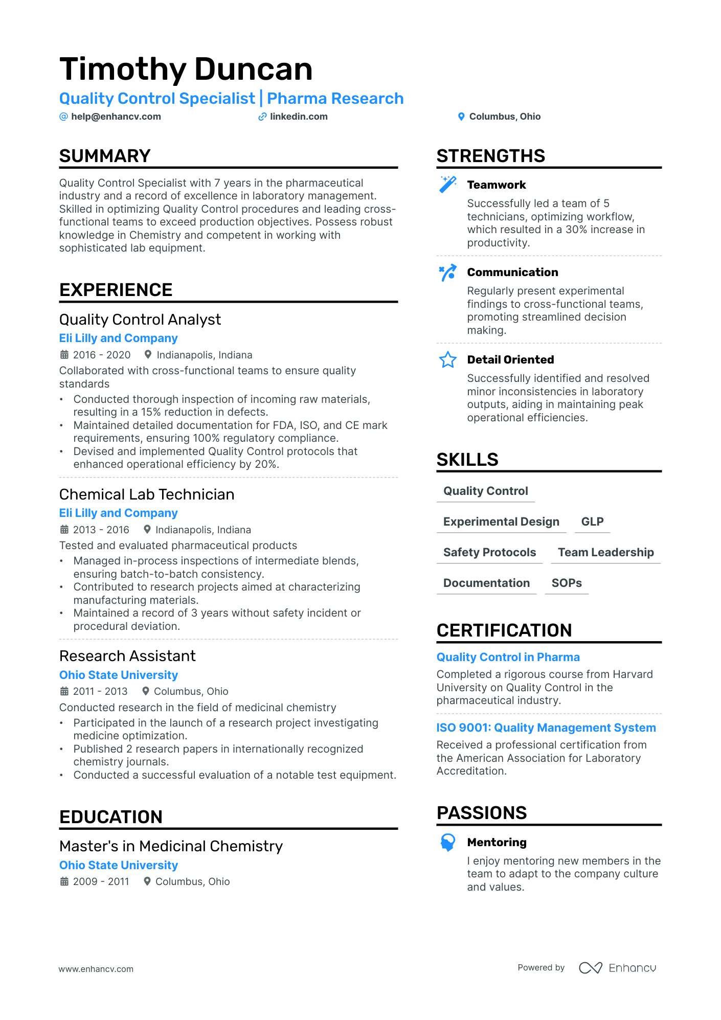 Quality Control Chemist Resume Example