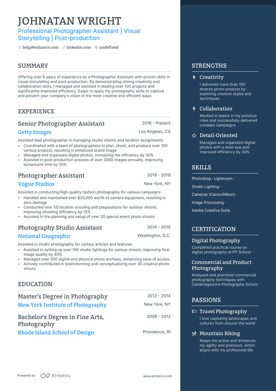 Photographer Assistant Resume Example