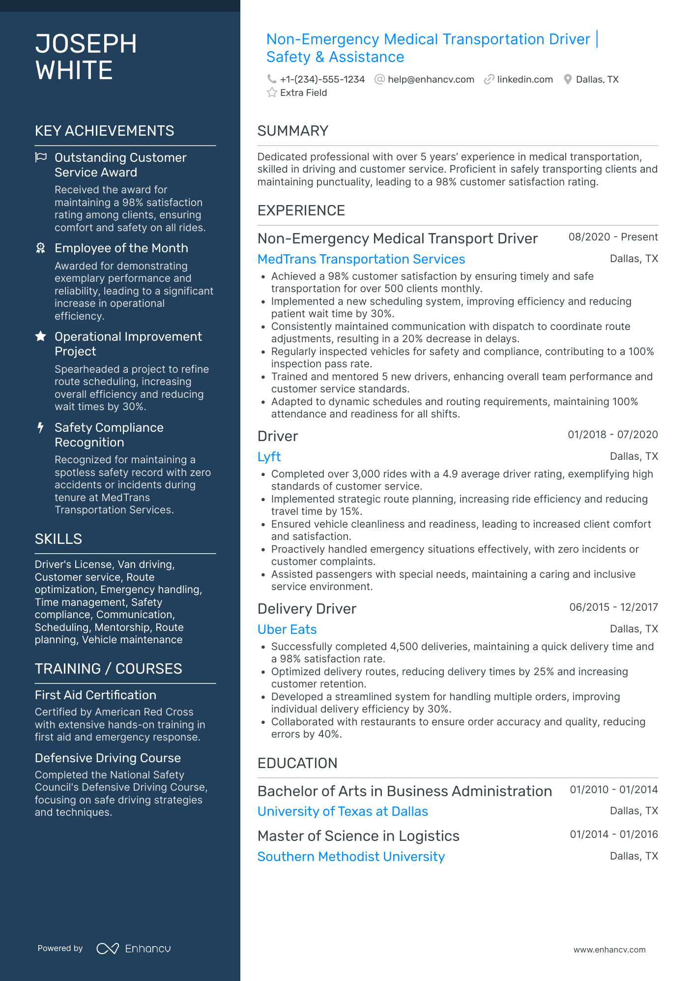 Senior Uber Driver Resume Example